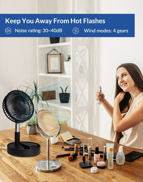Portable Battery Operated Fan For On The Go USB Rechargeable Desk Floor Pedestal With Adjustable Height 4 Speed Settings 7200mAh Battery For Bedroom Camping Travel Black 7.7 Inch on makeup table