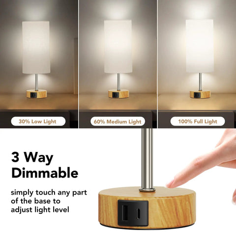 Set Of 2 Touch Control Table Lamps With 3 Way Dimming, USB Ports And AC Outlets showing dimming levels and touch base