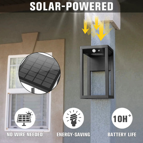 Solar Powered Motion Sensor Outdoor Wall Lights 2 Pack Dusk To Dawn 3 Modes 600 Lumens IP44 Weatherproof Aluminum Black No Wiring Needed Easy Install For Patio Porch Garage Security Lighting with solar panel detail and installation feature shown.