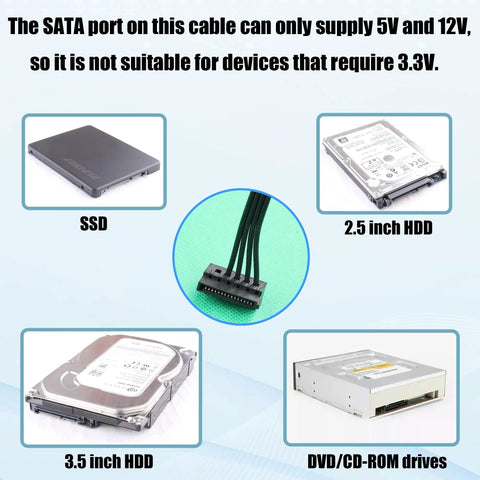 ATX 4 Pin To Dual SATA Power Adapter Cable 18 Inch Length Splitter For PC Drives Powers Two SATA Hard Drives Or SSDs From One Motherboard Connector Durable Copper Wire For Easy Install And Wide Compatibility Like A Pro; note: SATA 5V/12V only