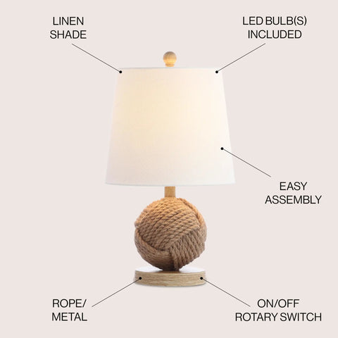 Natural Monkey Fist Rope Ball LED Table Lamp 18 Inches Coastal Nautical Iron And Rope Accent With White Linen Shade Energy Saving LED Bulb Included Perfect For A Chill Living Room Or Bedroom Decor