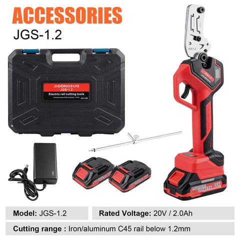 Heavy Duty Electric Din Rail Cutter With Slick Dual Groove Design For Knockout Straight Cuts On 35mm Aluminum And Steel Guide Rails No Sweat Portable Power Tool For Electrical Techs And Rough Site Work Daily with charger and batteries.