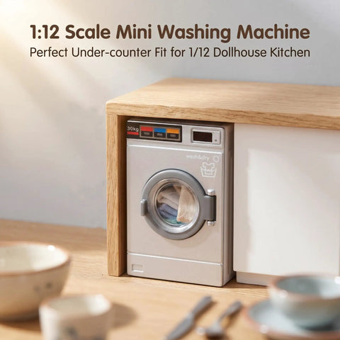 Dead On Realistic 1:12 Scale Mini Drum Washing Machine For Dollhouse Kitchen Setup, Gray under-counter fit with rotating door.