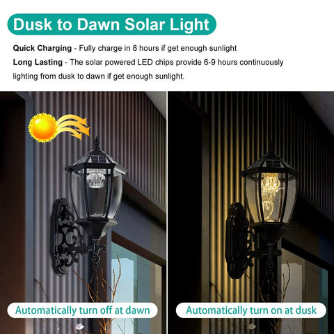 Solar Powered Wall Lamp With Light Sensor Auto On At Night Waterproof Outdoor LED Hexagonal Sconce For Porch Yard Garden Garage Fence Black No Fuss Easy Install Weatherproof Durable Illumination