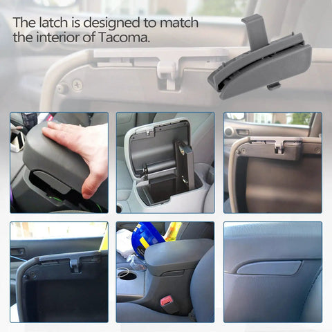 Front Center Console Lid Latch Replacement For 2005 To 2012 Toyota Tacoma Interior Armrest, Easy Install, No Drilling, Gray Finish