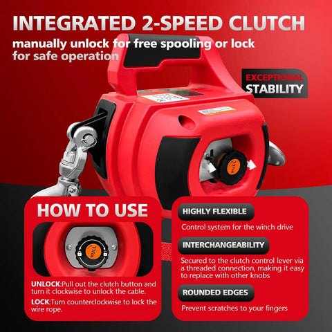 Beefy Drill Powered Portable Winch 1000 Lbs With 40 Foot Alloy Steel Wire Rope For Vehicle Recovery And Trailer Dragging Handheld Drill Winch For Easy Off Road Pulls, red clutch detail