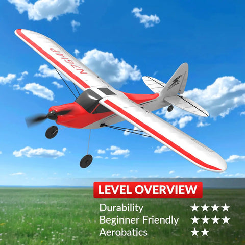 Sport Cub 4CH RC Plane For Beginners With Six Axis Gyro Stabilizer And Prop Saver flying in the sky, showcasing its durability and beginner-friendly design.