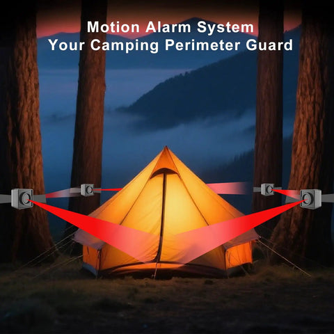 Portable Outdoor Perimeter Alarm System With One Quarter Mile Waterproof Wireless Motion Sensors And Detector guarding camping tent.