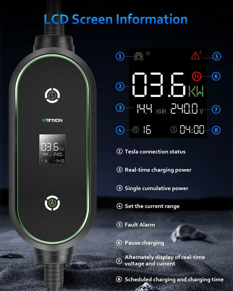 LCD display of Top Shelf Level 2 And Level 1 Electric Vehicle Charger For Tesla Mobile Charging showing charging status and power.