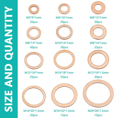 300Pcs Copper Flat Washers Sealing Washers Kit In 12 Sizes, Metric Crush Washers Set arranged by size on white background