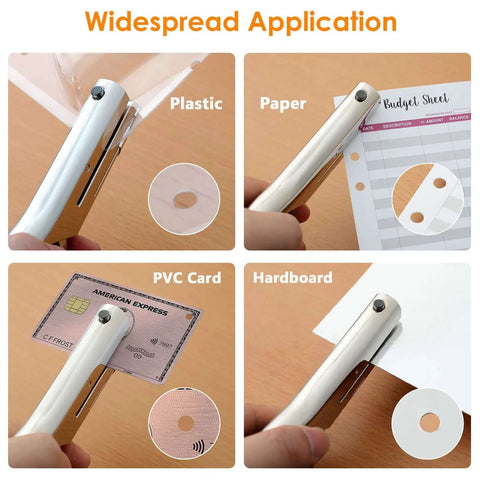 Heavy Duty Single Hole Punch With 2 Inch Reach And One Quarter Inch Hole, Portable Handheld Puncher in use on various materials