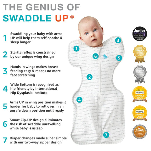 Image of Swaddle Up Sleep Sack for newborns with arms up design, snug gray, improves sleep and calms startle reflex for 8 to 13 lbs babies.