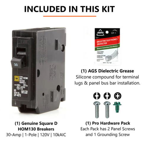Square D Homeline 30 Amp Circuit Breaker Kit 1 Pack Single Pole 30A 120V 10kAIC UL Listed Plug-In for Load Center Panel Box Replacement Residential Grade Easy Install, breaker with grease and hardware