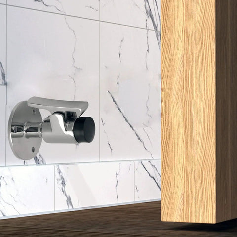 Side view of Marine Grade 316 Stainless Steel Heavy Door Stopper Catch Set With Mirror Finish for boats and yachts installed on wall