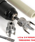 PVC Pipe Threader Kit 3 Piece Set With 1/2 Inch 3/4 Inch And 1 Inch NPT Threaders shown with drill attachment for threading pipes