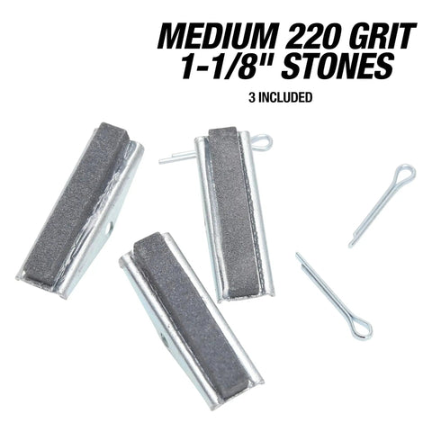 Brake Cylinder Hone Replacement Stone Set 3 Piece Medium Grit 1 1/8 Inch with cotter pins on white background