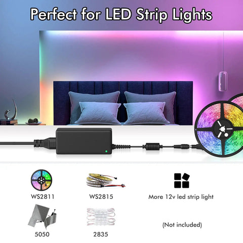 12V 5A DC Power Supply For LED Strip Lights with 60W AC To DC Converter next to illuminated room and LED strip examples