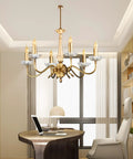 Brass chandelier with Six Pack 4 Inch Crystal Chandelier Bobeche Cups With Four Side Holes Replacement Parts in an office setting.