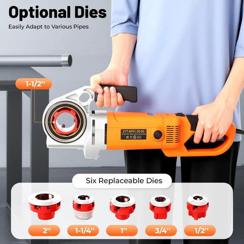 Heavy Duty Electric Pipe Threader Kit With 6 Dies For Plumbing And Gas Lines shows optional dies for various pipe sizes.