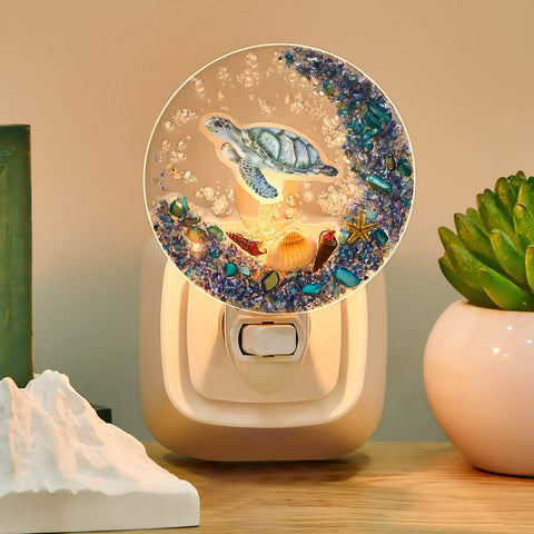 Seashell Night Light Plug In Ocean Vibe Decor With Sea Turtle Ornament, decorative 360° rotating plug, soft ocean-themed glow.