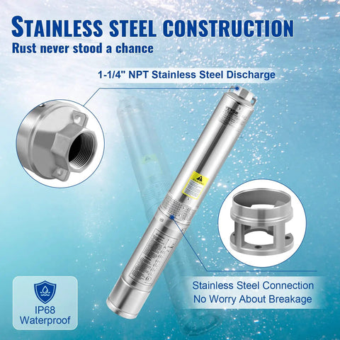 Deep Well Submersible Pump 1HP 115V 37 GPM 207 Ft Head 4 Inch Stainless Steel Water Pump, IP68 Waterproof, NPT Discharge