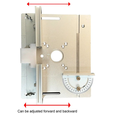 Built Tough Metal Router Table With Heavy Duty Aluminum Top Plate and No Sweat Lift System Adjustable Angle Guide, top view showing adjustability.