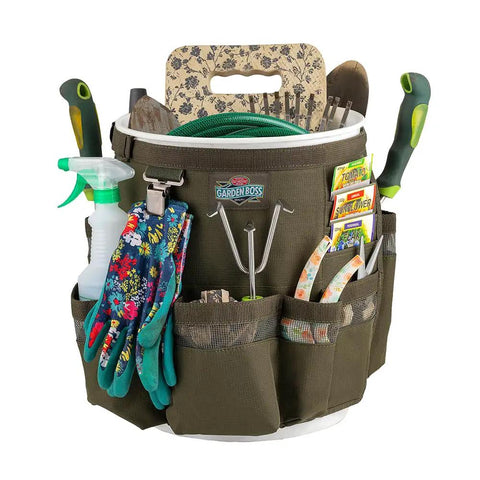 Workhorse Garden Bucket Tool Organizer For Five Gallon Buckets With Heavy Duty 600D Ripstop Fabric Long Pockets And Glove Clip