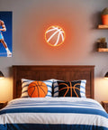 Basketball-themed bedroom decor with neon sign and sports poster above bed