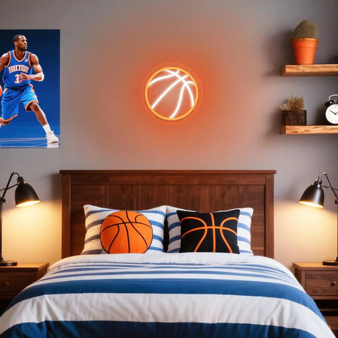 Basketball-themed bedroom decor with neon sign and sports poster above bed