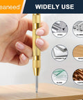 Built Tough Automatic Center Punch 2 Pack Spring Loaded Steel Marking Tool Includes Spare Tips being used on wood surface.
