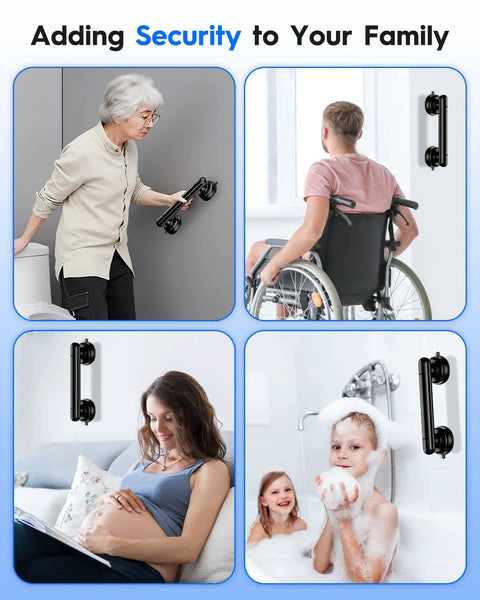 Premium Upgraded Rock Solid Two Pack Shower Grab Bars For Bathroom Wall, Heavy Duty Non Slip Suction Handles With Zero Drilling Nonsense, Game Changing Senior Safety Assist Grips, Reusable Black White Set, showing senior and kids using grab bars.