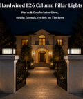 Top Notch Hardwired Outdoor Post Lights Big 15.75 Inch Column Fixture With Cozy 3000K Bulbs illuminating a stylish entryway at night.