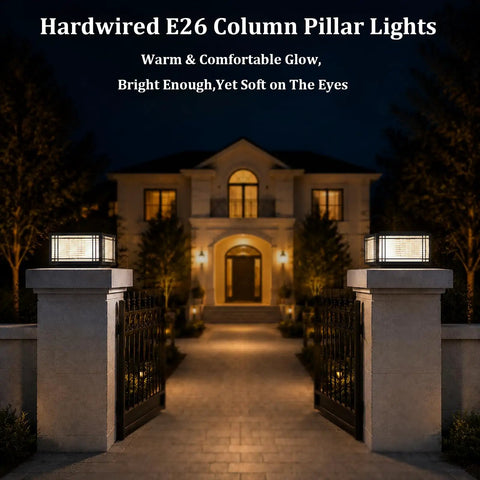Top Notch Hardwired Outdoor Post Lights Big 15.75 Inch Column Fixture With Cozy 3000K Bulbs illuminating a stylish entryway at night.