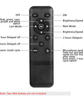 Remote control for Recessed LED Deck Lights Kit with labeled buttons for RGB control and dynamic effects, requires two AAA batteries.