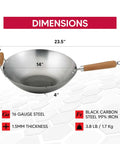 Go-To 14-Inch Carbon Steel Wok With Bamboo Handle showing dimensions and material details, 23.5-inch length with wooden grip.
