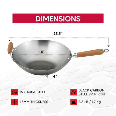 Go-To 14-Inch Carbon Steel Wok With Bamboo Handle showing dimensions and material details, 23.5-inch length with wooden grip.