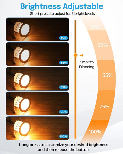 Brightness levels of All In One Low Voltage Deck Lights Kit With Transformer Dimmable Timer And Photocell Sensor shown in steps.
