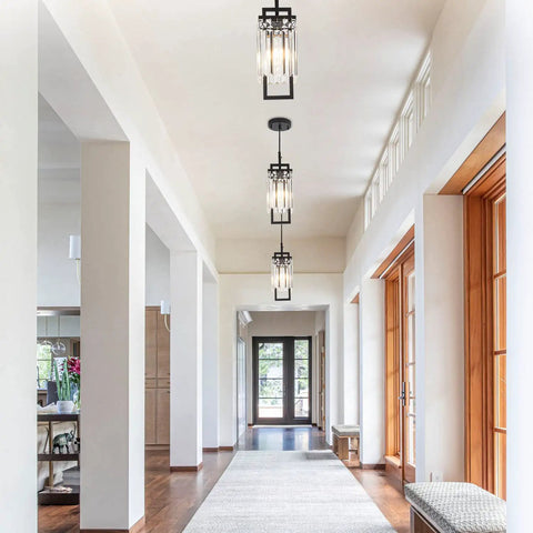 Modern Black Pendant Light Fixture For Kitchen Island And Dining Area With Crystal Shade in hallway ceiling view