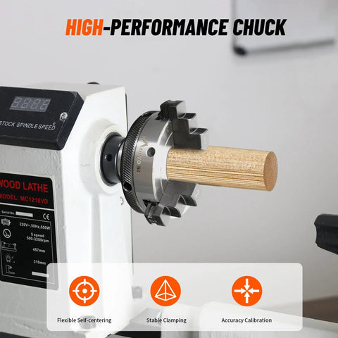 Premium Heavy Duty Three Inch Wood Lathe Chuck Featuring Reversible Jaws And Dual Arbors For One By Eight Tpi Spindles on a lathe holding wood.