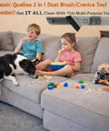 Children eating snacks on a couch with pets nearby, showcasing the 2 In 1 Duster Crevice Tool For Shark Vacuums, Fits NV and HV Series.