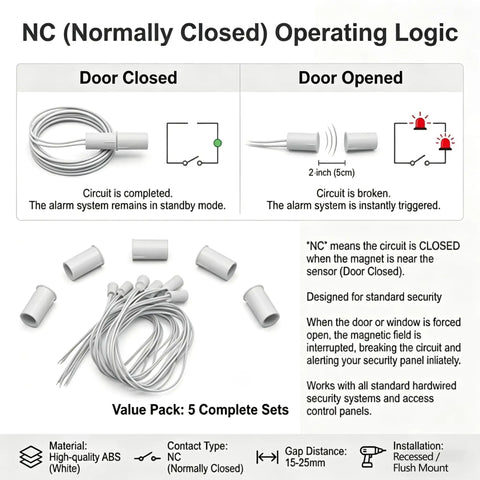 Real Deal Recessed Magnetic Door Contact Switch Tough As Nails NC Alarm Sensor For Wired Home Security Systems With Dead Simple Setup And Knucklehead Proof Detection operating logic diagram and components.