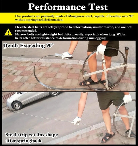Performance test of Heavy Duty Manganese Steel Drain Snake And Manual Push Pull Pipe Unclogger Knocks Out Gunk Fast In Large Yard Pipes Up To Sixteen Inches Featuring Flexible Cable.