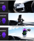 Wireless Car Charger Mount With Auto Clamping And 15W Fast Charge, 7 Color RGB Backlit, installed on vent, dashboard, windshield