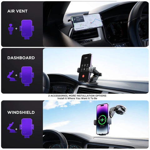 Wireless Car Charger Mount With Auto Clamping And 15W Fast Charge, 7 Color RGB Backlit, installed on vent, dashboard, windshield