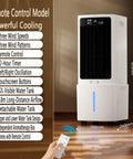 Portable Evaporative Swamp Cooler Game Changer With 10L Tank 12 Hour Timer Auto Oscillation remote control and interface shown.