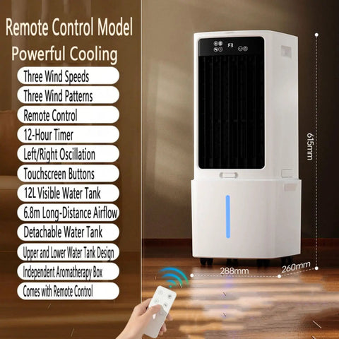 Portable Evaporative Swamp Cooler Game Changer With 10L Tank 12 Hour Timer Auto Oscillation remote control and interface shown.