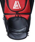Badass White Golf Cart Bag Featuring T Lock Quiet Top Technology, showing a large cooler pocket for storage.