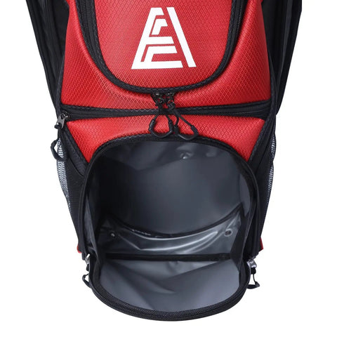 Badass White Golf Cart Bag Featuring T Lock Quiet Top Technology, showing a large cooler pocket for storage.
