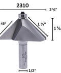 Carbide Tipped 45 Degree Chamfer Router Bit With 1-1/2 Inch Cutting Length, dimensions labeled on image.