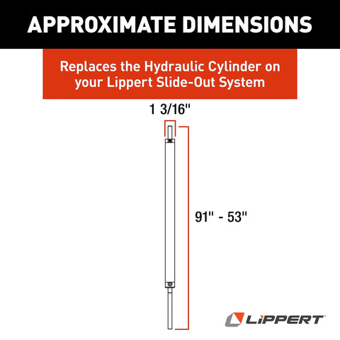 Diagram showing 53 Inch RV Hydraulic Cylinder Replacement With 38 Inch Stroke One Point Five Inch Bore dimensions for Lippert slide-outs.